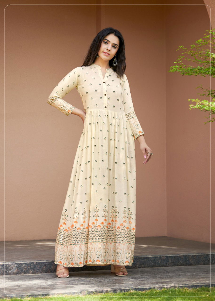 Rangjyot Sehnaaz 501 Rayon Designer Party Wear Long Anarkali Kurti Collection